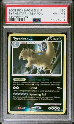 2008 POKEMON DIAMOND & PEARL STORMFRONT #30 TYRANITAR-REVERSE HOLO PSA 8 - Image 1