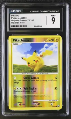 CGC 9 MINT Pikachu 2008 Majestic Dawn 70/100 Reverse Holo Pokemon Card - Image 1