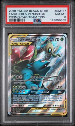2019 POKEMON SM TAG TEAM TINS #SM167 FULL ART/CELEBI & VENUSAUR GX PSA 8 - Image 1