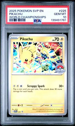 2025 POKEMON SVP EN-SV BLACK STAR PROMO WORLD CHAMPIONSHIPS #225 PIKACHU PSA 10 - Image 1