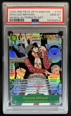 2026 One Piece Azure Sea's Seven Dracule Mihawk Manga Alt Art #OP14-119 PSA 10 - Image 1