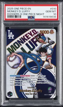 2025 ONE PIECE PROMOS DODGERS X ONE PIECE NIGHT #010 MONKEY D. LUFFY PSA 10 - Image 1