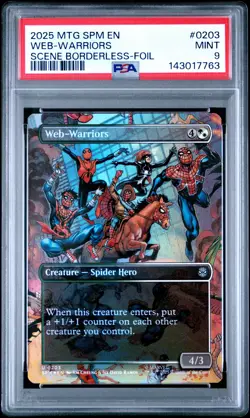 2025 MTG MARVEL'S SPIDER-MAN SCENE BORDERLESS-FOIL #0203 WEB-WARRIORS PSA 9 - Image 1