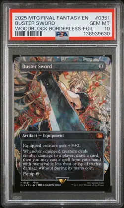2025 MTG FINAL FANTASY WOODBLOCK BORDERLESS-FOIL #0351 BUSTER SWORD PSA 10 - Image 1