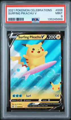 2021 Pokemon Celebrations #008 Surfing Pikachu V PSA9 - Image 1