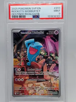2025 POKEMON SVP DESTINED RIVALS ETB #203 TEAM ROCKET'S WOBBUFFET PSA 9 - Image 1