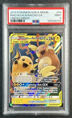 RAICHU & ALOLAN GX TAG TEAM PSA 9 2019 POKEMON SUN MOON UNIFIED MINDS #54/236 97 - Image 1