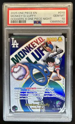 2025 One Piece EN Monkey D. Luffy Dodgers X One Piece Night #010 PSA 10 Gem Mint - Image 1