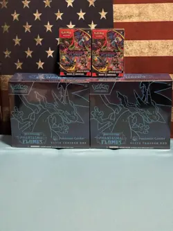 Phantasmal Flames Pokemon Center ETB Lot of 2 & 2 Booster Bundles In Hand - Image 1