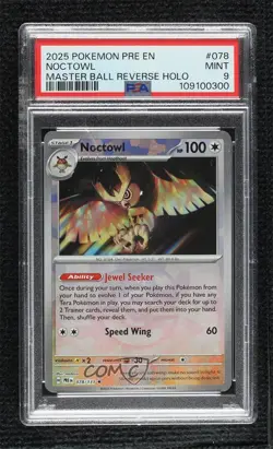 Noctowl Master Ball Foil Pokemon Prismatic Evolutions PRE PSA 9 MINT - Image 1