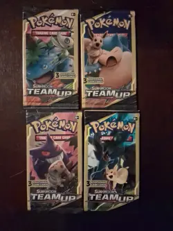 Pokemon Sun and Moon Team Up 3 Card Mini Booster Packs Complete Art Set Lot Of 4 - Image 1