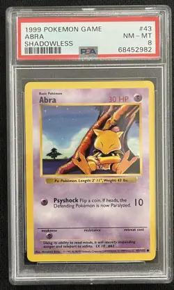 PSA 8 NM-MT Abra 43/102 Shadowless Base Set 1999 Pokemon Vintage WOTC Card TCG - Image 1