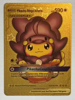 X 1 Pikachu Mega Altaria Cosplay Metal Gold Foil Pokemon Card Fan Art Card HP590 - Image 2
