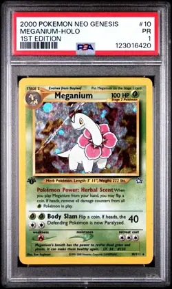 PSA 1 1ST EDITION 2000 Neo Genesis Meganium 10/111 Holo Foil Pokemon WOTC - Image 1