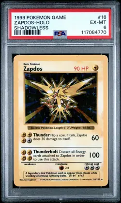 1999 POKEMON BASE SET SHADOWLESS #16 ZAPDOS-HOLO PSA 6 - Image 1