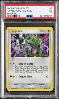 2005 POKEMON EX EMERALD #9 RAYQUAZA-REVERSE FOIL PSA 7 - Image 1