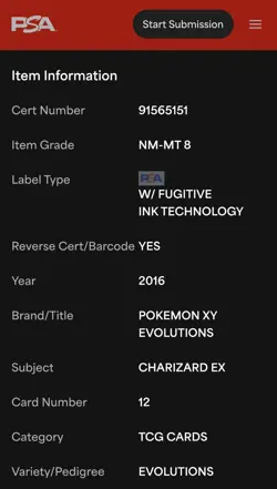 Pokemon Charizard EX 12/108 Evolutions Ultra Rare Holo PSA 8 - Image 4