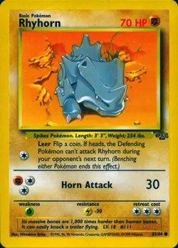 RHYHORN 61/64 COMMON JUNGLE POKEMON UNLIMITED NM - Image 1