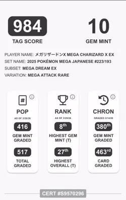 Pokemon Mega Charizard X EX 2025 Mega Dream EX #223/193 TAG 10 Mega Attack Rare - Image 3