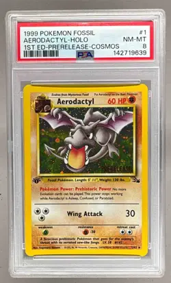 1999 Pokemon Fossil 1st Edition Prerelease 1 Aerodactyl Holo PSA 8 142719639 - Image 1
