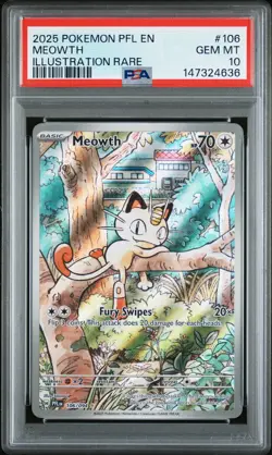 2025 Pokemon Pfl En-Phantasmal Flames #106 Meowth Illustration Rare PSA 10 - Image 1