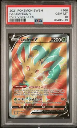 2021 POKEMON CARD EVOLVING SKIES LEAFEON V 166/203 ULTRA RARE PSA 10 GEM MT - Image 1