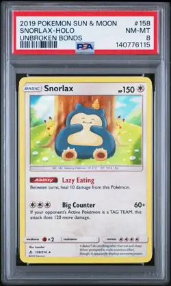 Pokemon 2019 SM Unbroken Bonds Snorlax Reverse Holo Card #158/214 PSA 8 NM-MT - Image 1