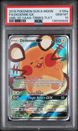 2019 POKEMON SUN & MOON UNBROKEN BONDS #195A FULL ART/DEDENNE GX PSA 10 - Image 1