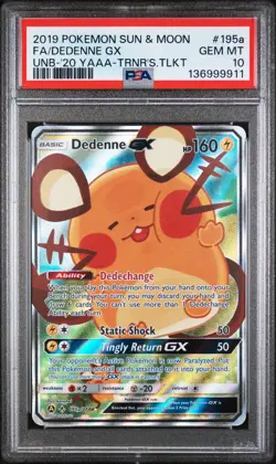 2019 POKEMON SUN & MOON UNBROKEN BONDS #195A FULL ART/DEDENNE GX PSA 10 - Image 1