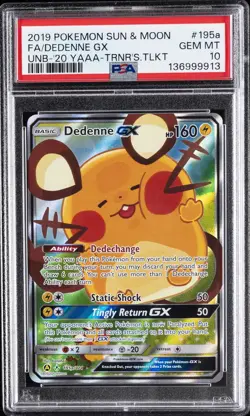 2019 POKEMON SUN & MOON UNBROKEN BONDS #195A FULL ART/DEDENNE GX PSA 10 - Image 1