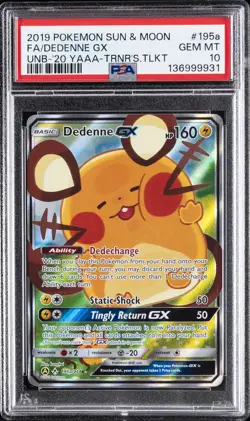 2019 POKEMON SUN & MOON UNBROKEN BONDS #195A FULL ART/DEDENNE GX PSA 10 - Image 1