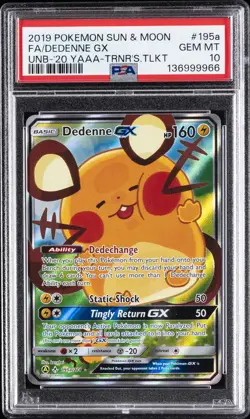 2019 POKEMON SUN & MOON UNBROKEN BONDS #195A FULL ART/DEDENNE GX PSA 10 - Image 1