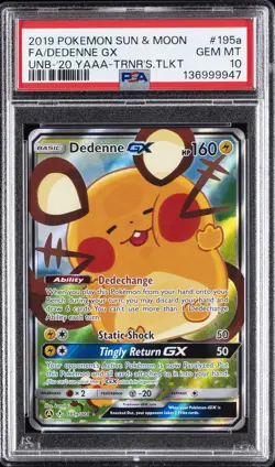 2019 POKEMON SUN & MOON UNBROKEN BONDS #195A FULL ART/DEDENNE GX PSA 10 - Image 1