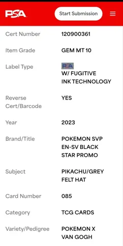 PSA 10 Gem Mint - Pikachu #085 Grey Felt Hat - Pokemon X Van Gogh - 2023 - Image 4