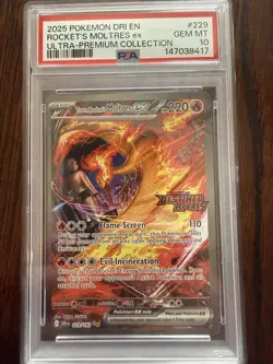 2025 Pokemon Dri EN-Destined Rivals Rocket's Moltres EX #229 PSA 10 - Image 1
