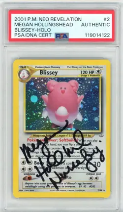 PSA Megan Hollingshead Signed Blissey 02/64 Neo Revelation Holo Pokemon TCG 2001 - Image 1