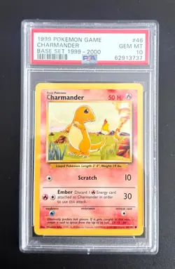 1999 Pokemon Game Base Set Charmander #46/102 TCG Card PSA 10 Gem Mint Graded - Image 1