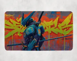 Graffiti Samurai Mech MTG Playmat - Neon Urban Katana Robot Mat - Image 1