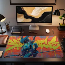 Graffiti Samurai Mech MTG Playmat - Neon Urban Katana Robot Mat - Image 2