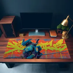 Graffiti Samurai Mech MTG Playmat - Neon Urban Katana Robot Mat - Image 3