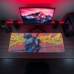 Graffiti Samurai Mech MTG Playmat - Neon Urban Katana Robot Mat - Image 5