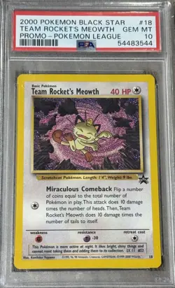 2000 POKEMON PROMO BLACK STAR POKEMON LEAGUE #18 TEAM ROCKET'S MEOWTH PSA 10 - Image 1