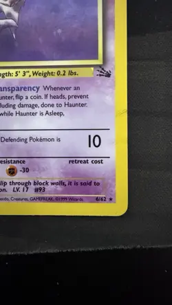 Pokemon 1999 Haunter 1st Edition Fossil Set Holo Rare Card #6/62 LP - Image 4