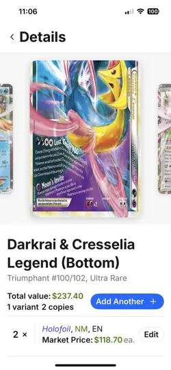 Darkrai & Cresselia Legend (Bottom) Pokemon Card Triumphant Ultra rare - Image 2