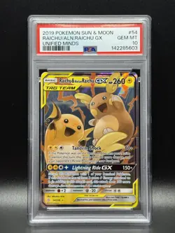 PSA 10 GEM MINT Raichu & Alolan Raichu GX 54 Unified Minds Pokemon Card - Image 1