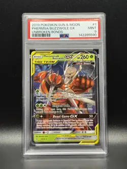 PSA 9 MINT Pheromosa & Buzzwole GX 1 Unbroken Bonds Pokemon Card - Image 1