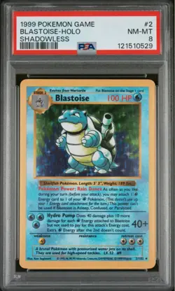 1999 Pokemon Base Set #2 Blastoise Holo Shadowless PSA 8 - Image 1