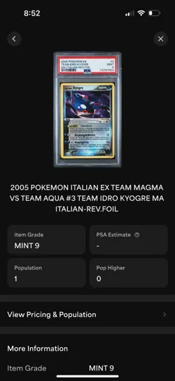 POP 1 POKEMON Italian EX Idro TEAM MAGMA VS TEAM AQUA 3/95 KYOGRE REVERSE PSA 9 - Image 3