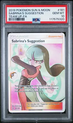 2019 POKEMON SUN & MOON TEAM UP #181 FULL ART/SABRINA'S SUGGESTION PSA 10 - Image 1