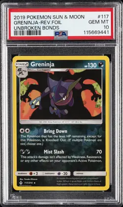 2019 POKEMON SUN & MOON UNBROKEN BONDS #117 GRENINJA-REVERSE FOIL PSA 10 - Image 1